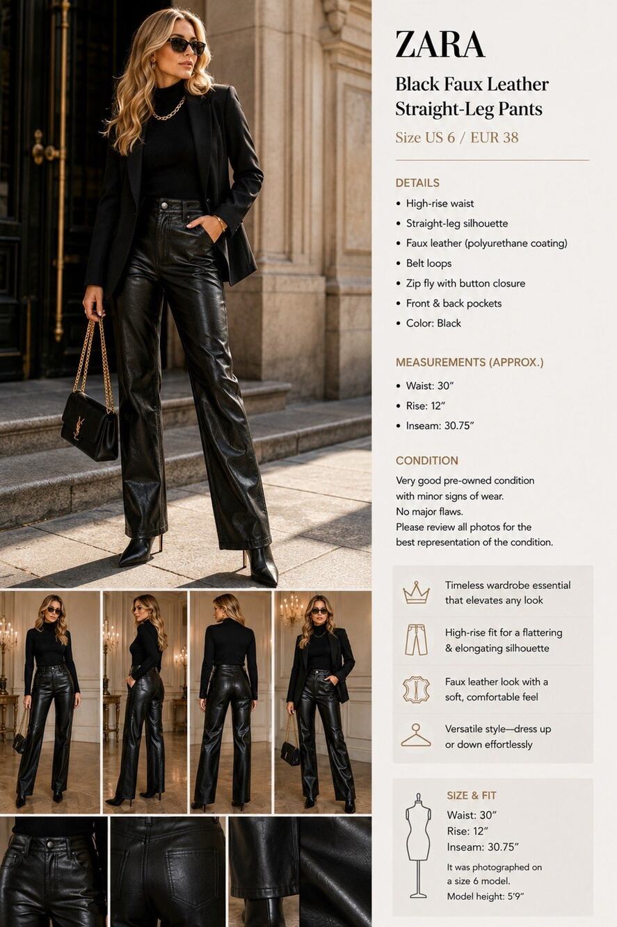 Zara Black Faux Leather Straight-Leg Pants | High Rise | Size US 6 / EUR 38 NWT